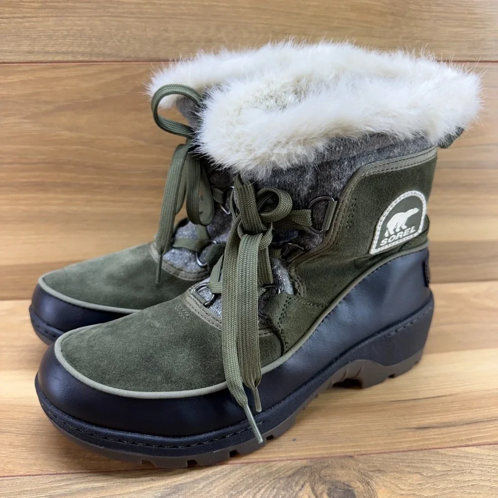 Sorel Tivoli III Green Black Snow Boots 7.5 Waterproof Faux Fur Gorpcore Ski